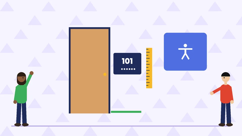 A door with a room sign showing the number 101 and braille dots on the latch side, a vertical ruler and a blue accessibility symbol sign, with two people