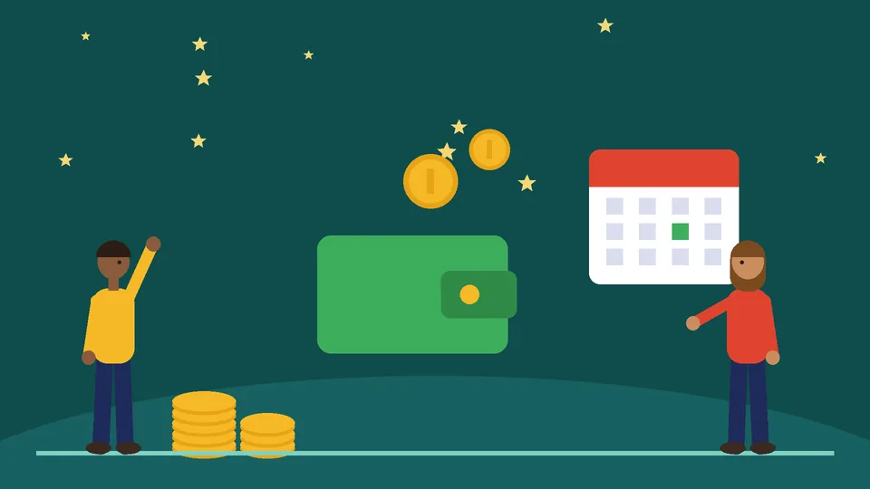 Affiliate commission payouts Green wallet, gold coin stacks and a calendar with a marked payout day, with two people celebrating