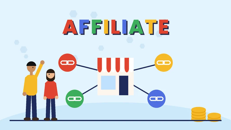 Small shop connected by lines to four partner link badges with coin stacks and two people under the word AFFILIATE