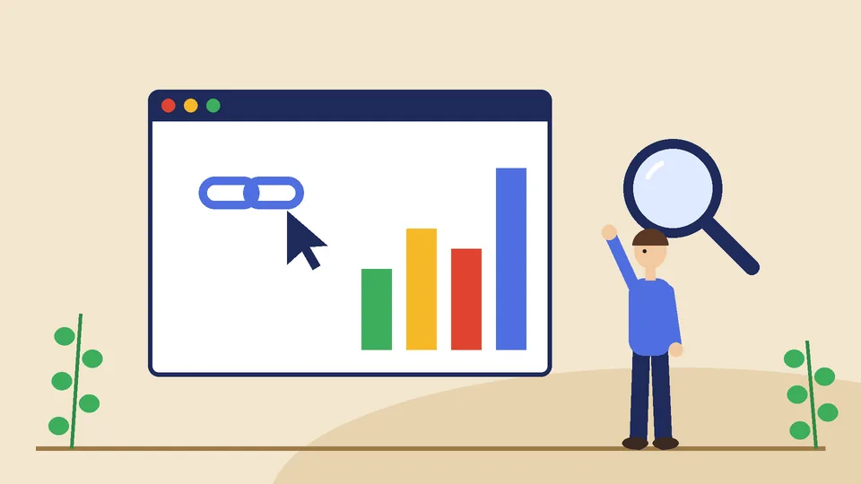 Affiliate program tracking Browser window showing a link icon, a cursor and a bar chart, with a person holding up a magnifying glass