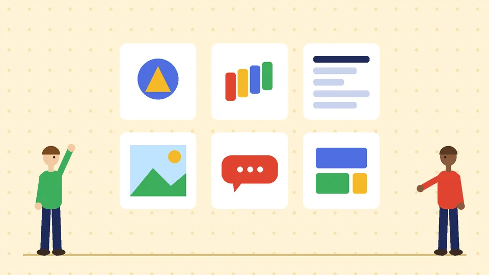 What a brand style guide covers Four cards showing a logo mark, color swatches, the letters Aa and a picture icon, with two people