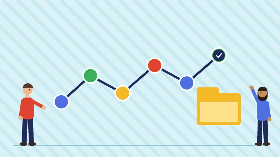 Building a brand style guide Four numbered steps joined by arrows from a magnifier to a pencil, a check mark and a shared document, with two people