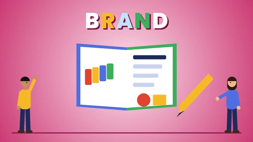 Two cartoon people beside an open guide book with a logo mark, color swatches and the letters Aa under the word BRAND