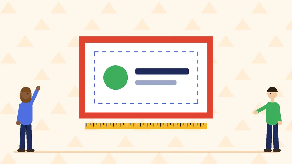 A business card with a red bleed border, a dashed blue safe area line around the logo and text, and a yellow ruler below, with two people
