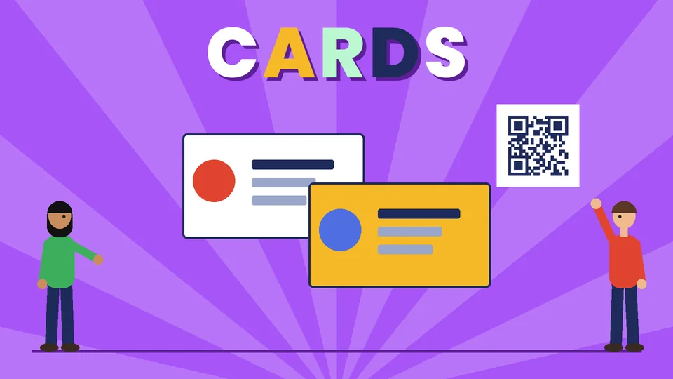 Two cartoon people beside two business cards with logo circles and contact lines and a QR code under the word CARDS
