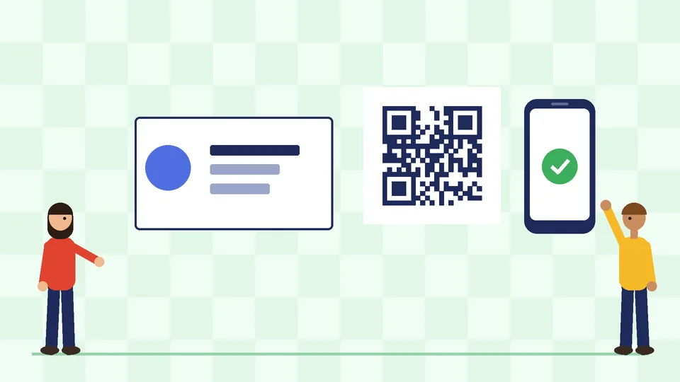 A business card next to a large QR code with white margin and a phone showing a green check mark, with two people