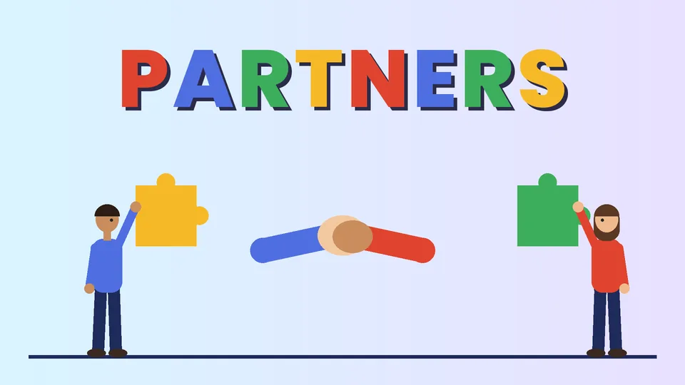 Handshake between two puzzle pieces and two people under the word PARTNERS