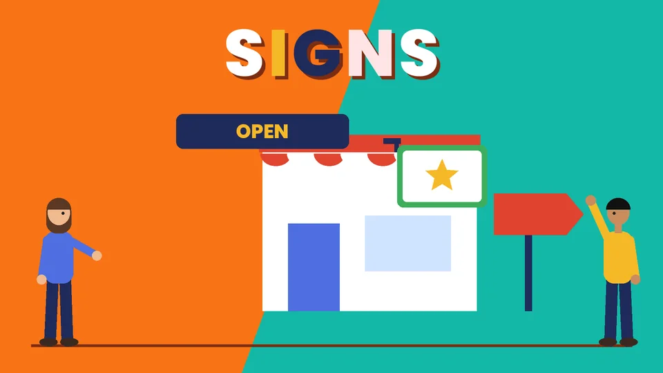 Two cartoon people beside a storefront with an OPEN sign above the door, a projecting sign with a star and a directional arrow sign under the word SIGNS