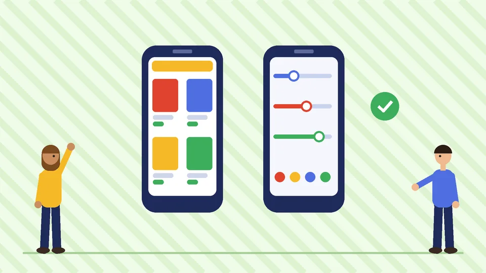 Two phones, one showing a two-column product grid and one showing filter sliders and color swatches, beside a green check mark, with two people