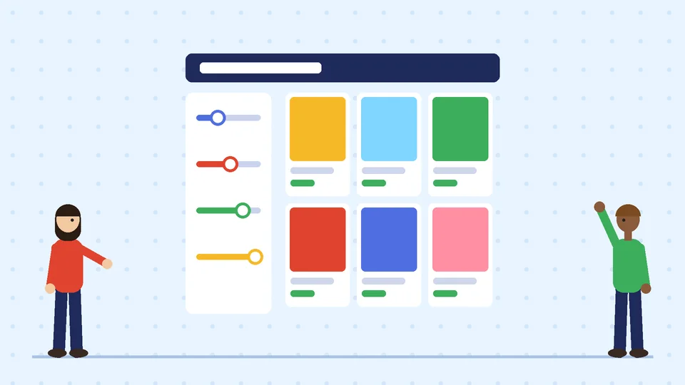 A store page with a navy header, a sidebar of four colored filter sliders and a grid of six product cards, with two people