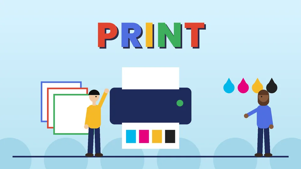 A printer with four ink colors, ink drops and stacked sheets with two people under the word PRINT