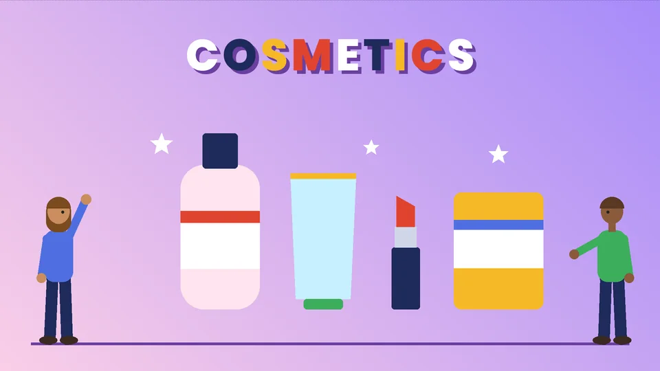 Two cartoon people beside a pink pump bottle, a light blue tube, a red lipstick and a yellow jar with sparkles under the word COSMETICS