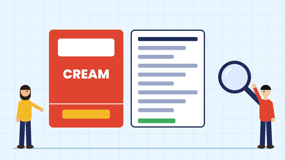 Principal display panel and information panel A red front panel reading CREAM beside a white information panel with ingredient lines, and a magnifier, with two people