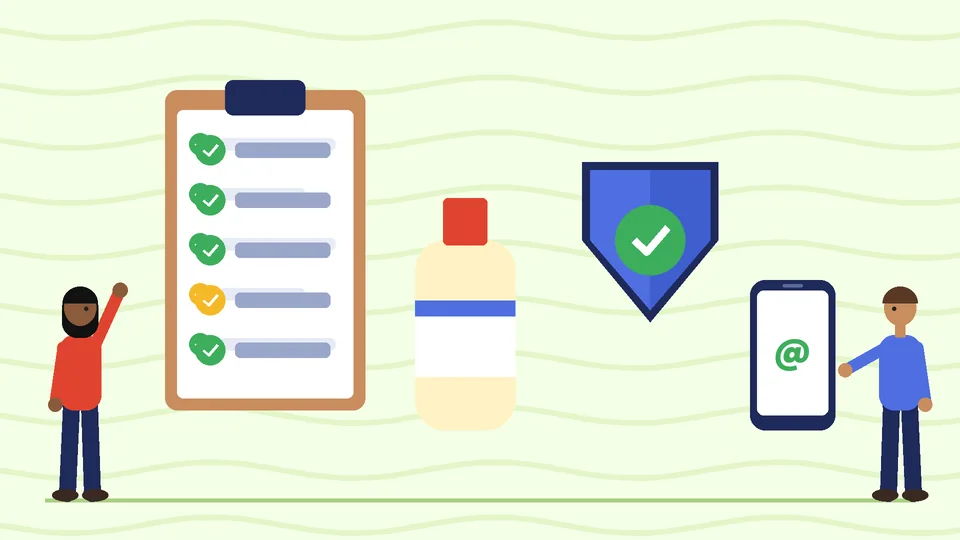 Cosmetic label checklist A clipboard checklist with check marks beside a cream bottle, a blue shield with a check and a phone showing an at sign, with two people