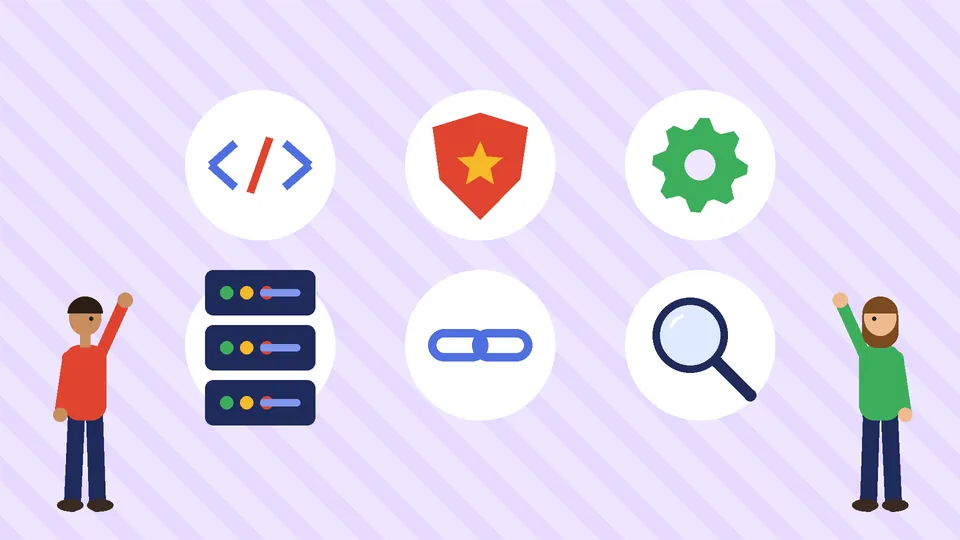 Six round icons for code, security, settings, servers, links and search with two people on either side
