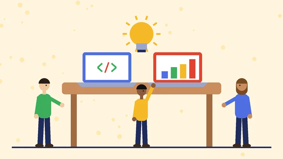 Three cartoon team members at a desk with two laptops showing code and a bar chart under a light bulb