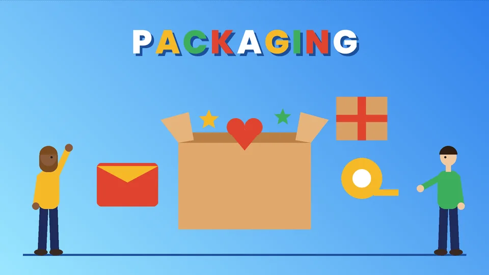 Two cartoon people beside an open shipping box with a heart and stars, a red mailer, a parcel and a roll of tape under the word PACKAGING