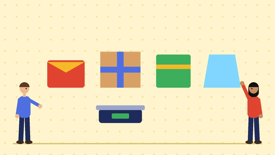 A red poly mailer, a brown corrugated box, a green rigid box and a blue pouch above a shipping scale, with two people