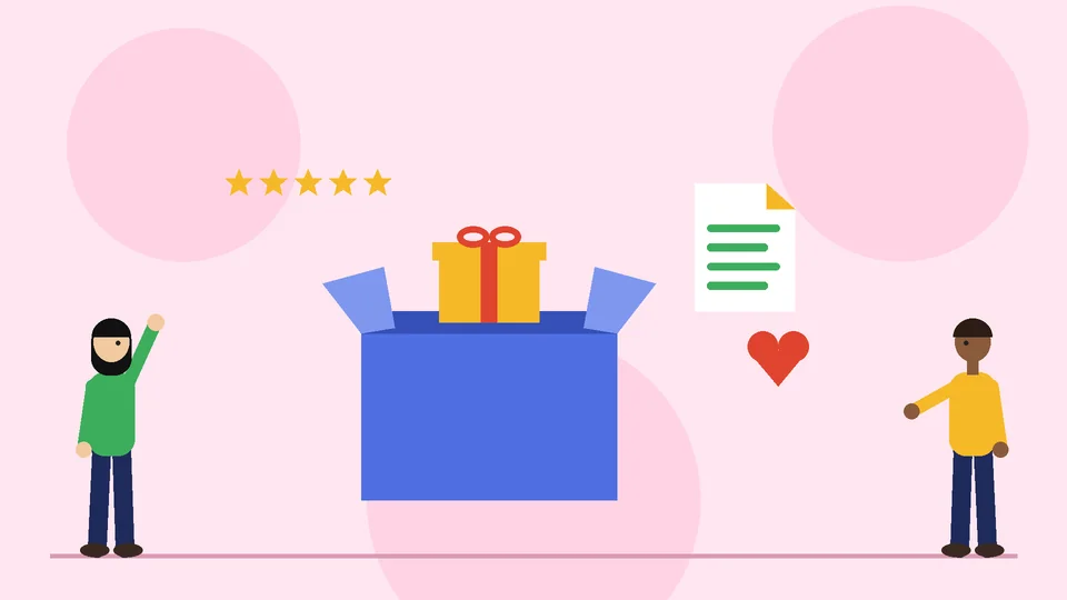 An open blue box with a yellow gift inside, a thank you card, a heart and five stars, with two people