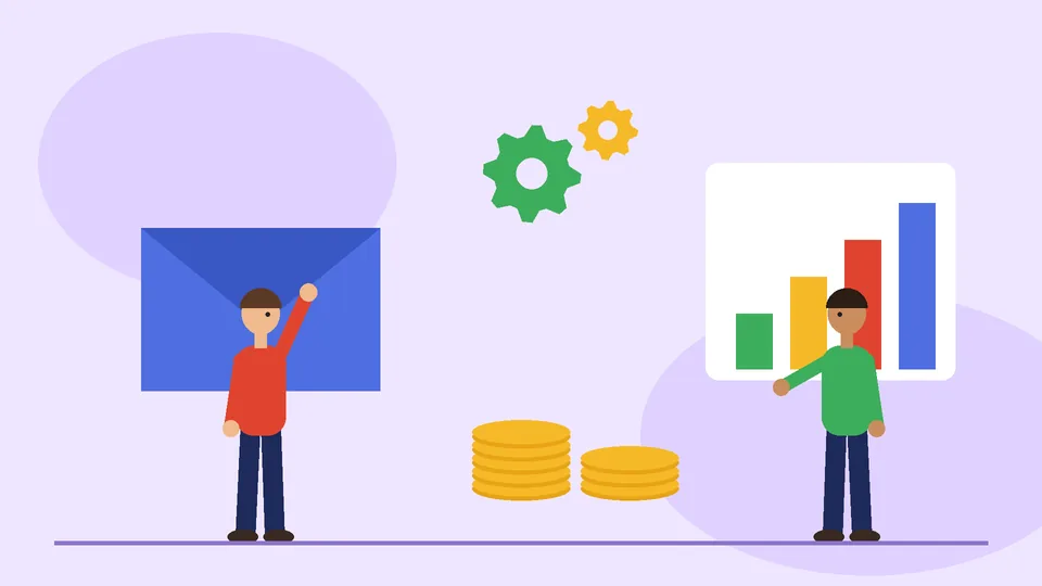 Email marketing and tracking results Two marketers with a large envelope, stacks of coins, gears and a bar chart