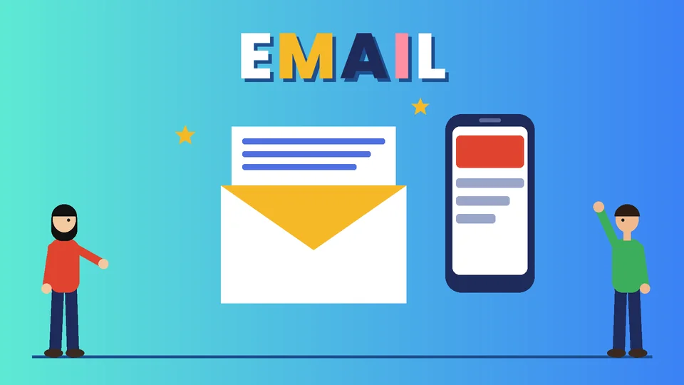 Two cartoon people beside a yellow envelope with a newsletter page rising out of it and a phone showing an email, under the word EMAIL