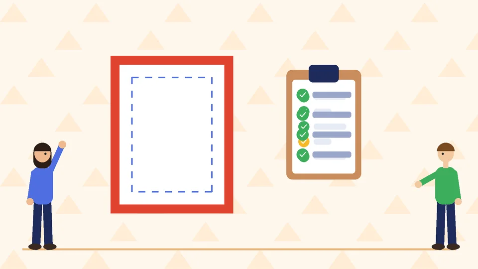 A flyer outline with a red bleed border and a dashed blue safe area next to a clipboard checklist with green ticks, with two people