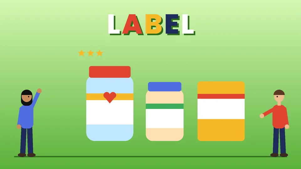 Two cartoon people beside two jars with red and blue lids and a yellow food box with a white label panel under the word LABEL