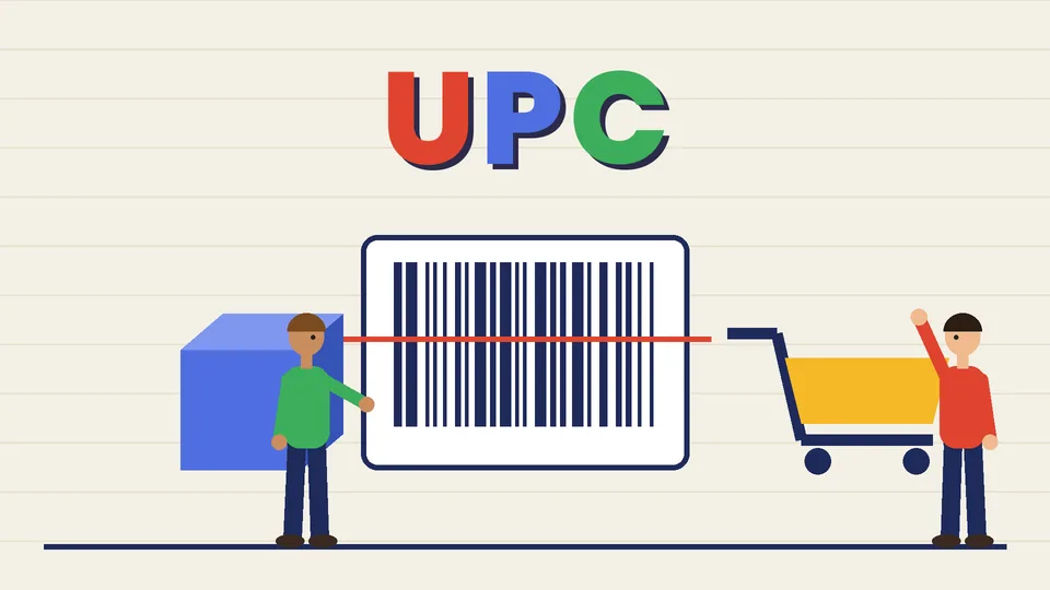 A barcode with a red scan line between a blue box and a shopping cart with two people under the word UPC