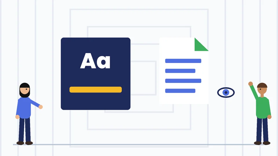 Accessible infographic design A dark tile with large Aa letters beside a text document and an eye icon, with two people