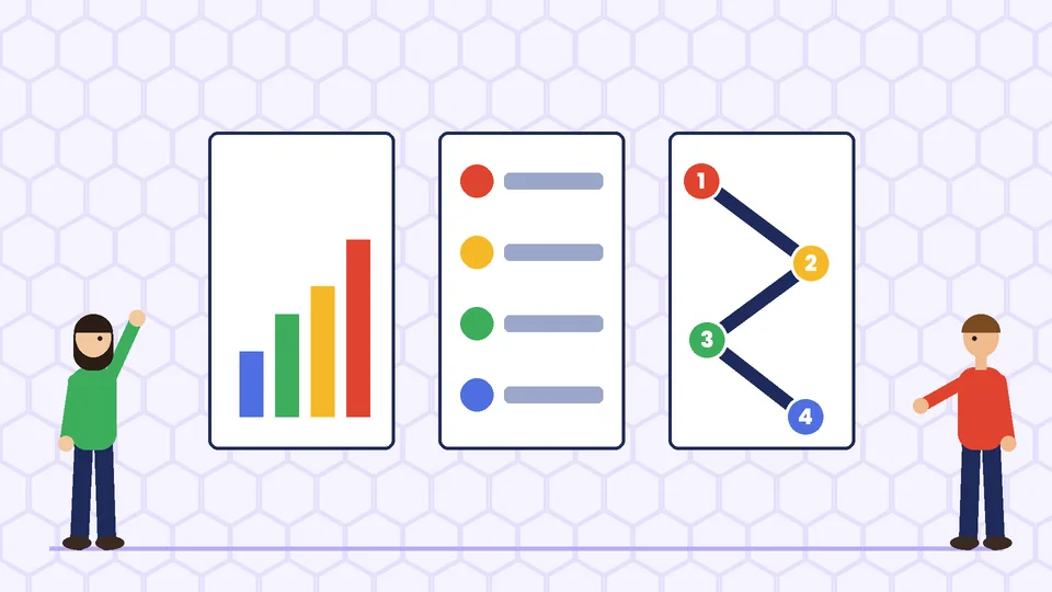 Types of infographic Three panels showing a bar chart, a colored list and a numbered four-step process, with two people