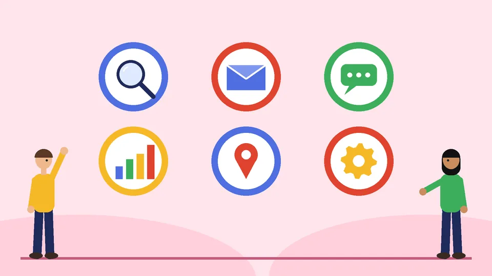 Six round icons for search, email, chat, analytics, local maps and settings with two marketers on either side