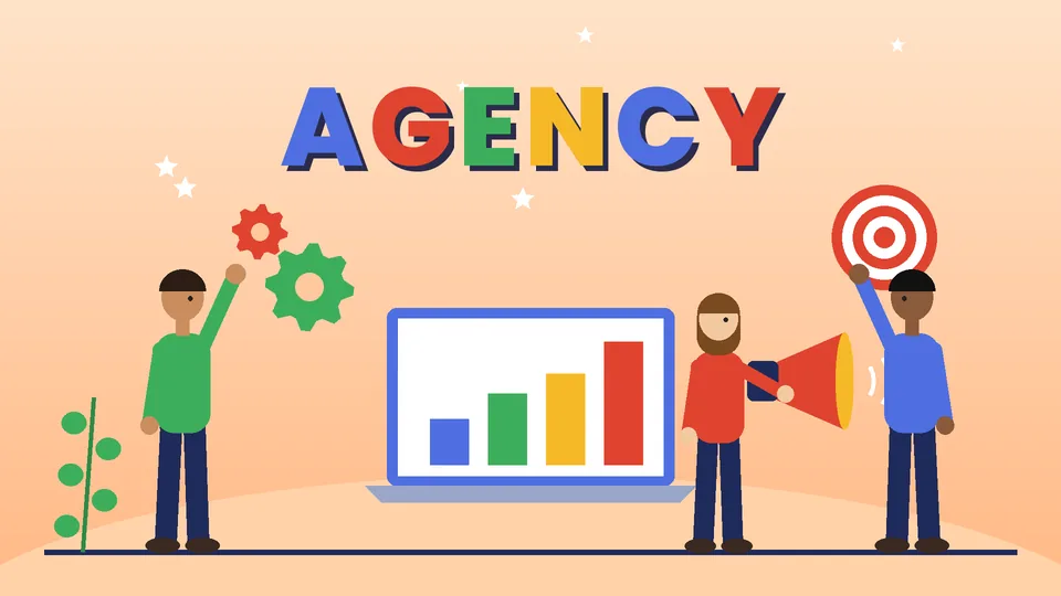 Three cartoon marketers around a laptop with a rising bar chart, gears, a megaphone and a target under the word AGENCY