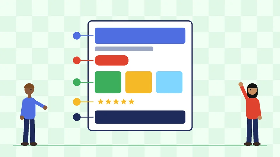 A tall landing page mockup with a navy header, a red button, three colored cards, a star rating row and a navy footer bar, with numbered dots pointing to each section and two people
