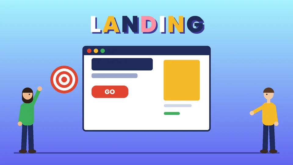 Two cartoon people beside a browser window with a headline block, a GO button and a yellow image panel, next to a red and white target, under the word LANDING