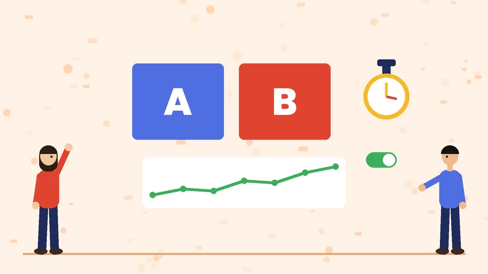 A blue A card and a red B card beside a yellow stopwatch, a rising green line chart and a toggle switch, with two people