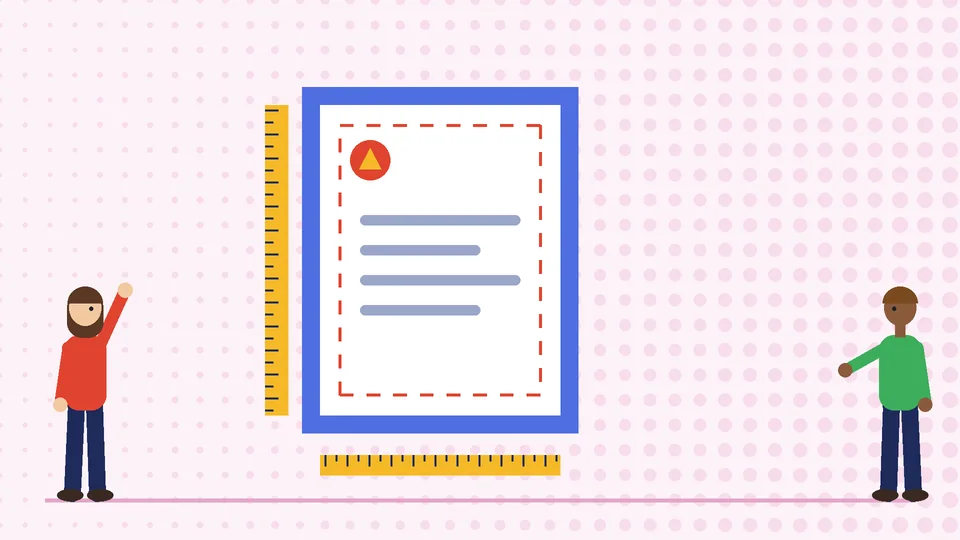 Letterhead bleed and safe area A letterhead sheet with a blue bleed border, a dashed red safe area line and yellow rulers on two sides, with two people