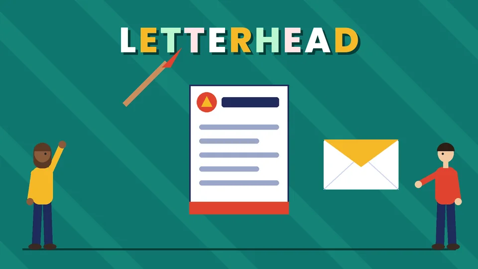 Two cartoon people beside a letterhead sheet with a red logo, a pen and an envelope under the word LETTERHEAD