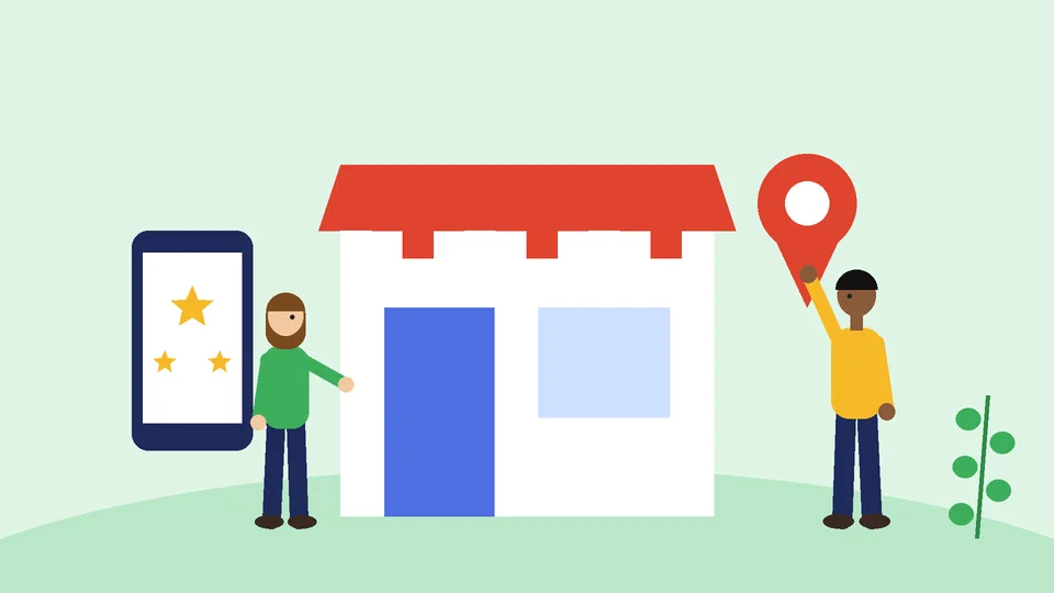 Local online marketing for a small shop Small shop with a striped awning beside a map pin and a phone showing star ratings