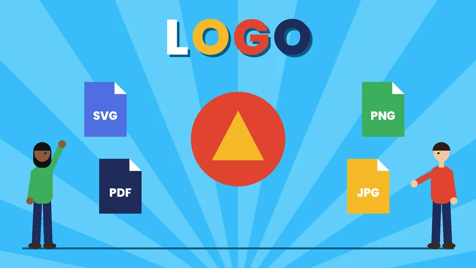 Two cartoon people beside a red circle logo mark with a yellow triangle surrounded by file tiles labeled SVG, PDF, PNG and JPG under the word LOGO