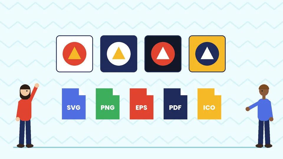 A complete logo file kit Four versions of the same logo mark in full color, reversed, dark and one color above file tiles labeled SVG, PNG, EPS, PDF and ICO, with two people