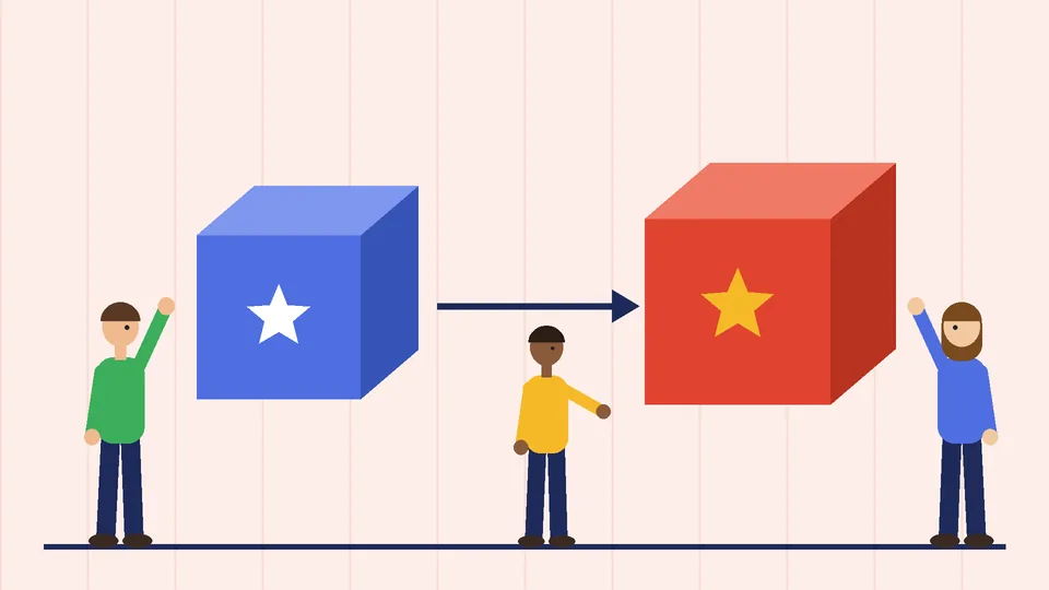A blue box with an arrow pointing to a larger red box with a star, with three people comparing them