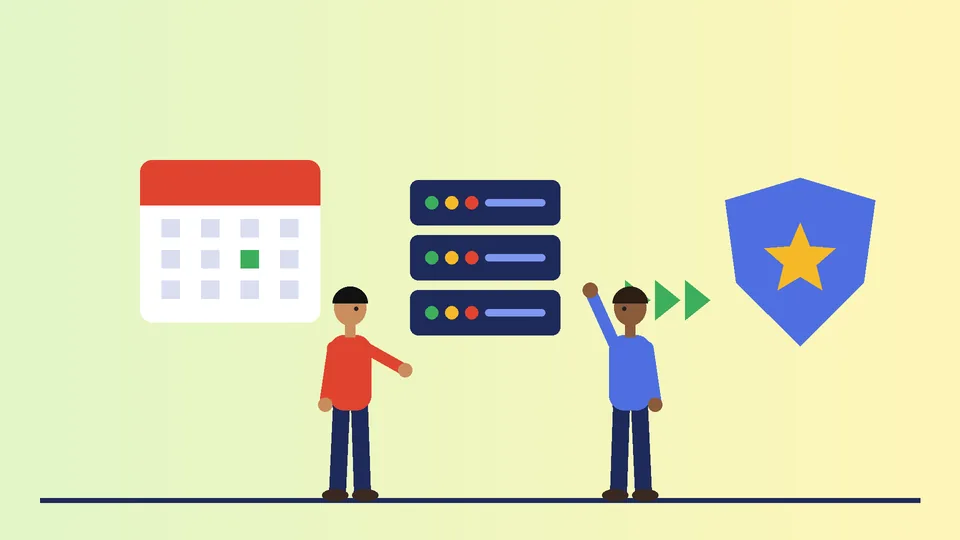 Calendar, stacked servers, green arrows and a blue shield with two people planning an upgrade
