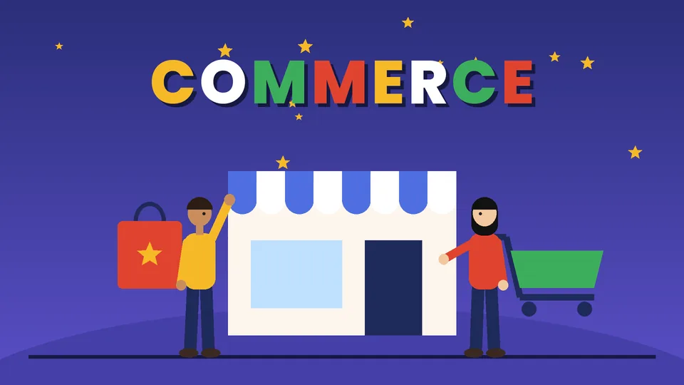 Storefront with a blue awning, a green shopping cart and a red bag beside two people under the word COMMERCE