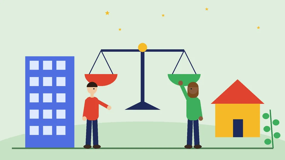 Balance scale between an office building and a small house with two people comparing the options