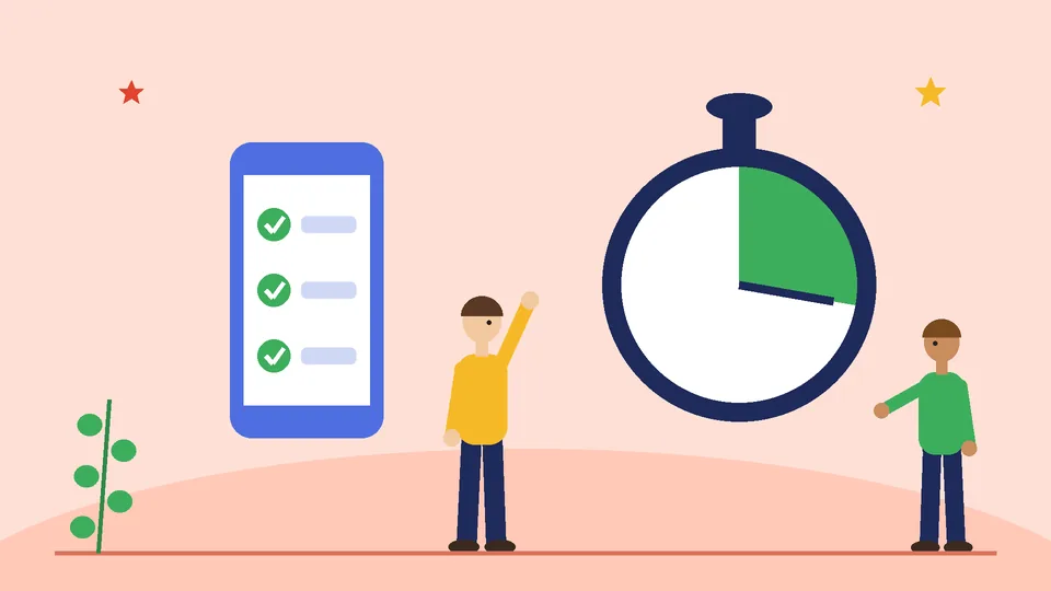 Mobile page speed checklist Phone showing a checklist with green ticks next to a large stopwatch