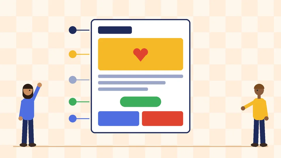 A single-column email layout with a header bar, a yellow hero block with a heart, text lines, a green button and two colored buttons, with numbered dots and two people