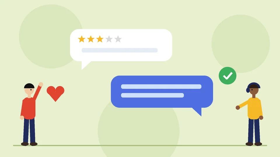 Replying to reviews A review card with stars and a reply bubble from the business owner beside a clock and a check mark