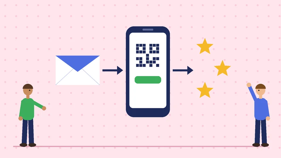 Asking for reviews A receipt, an envelope with a link, a phone with stars and a thank you heart joined by arrows, with two people