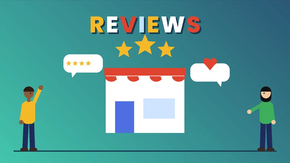 Two cartoon people beside a phone with five gold stars and chat bubbles next to a small shop under the word REVIEWS