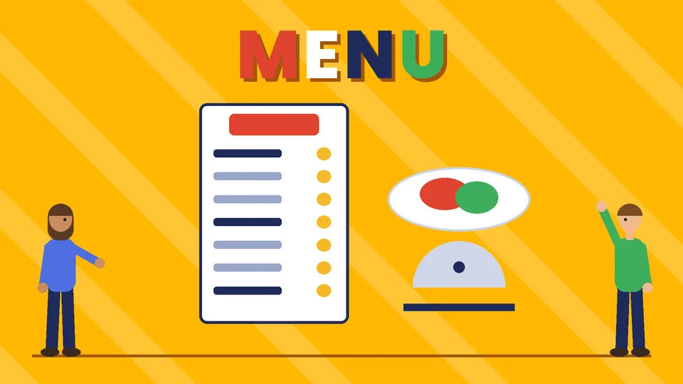 Two cartoon people beside a large menu card with a red header and dish lines, a plate with food and a silver serving cloche under the word MENU